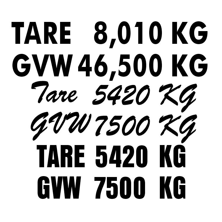 GVW and TARE weights vehicle decals made by Logo Me This!